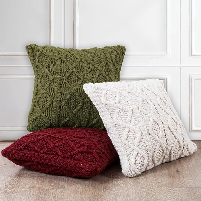 HiEnd Accents Cable Knit Wool Throw Pillow, 18x18 inch, Cream Solid Color, Diamond Pattern, Sweater Style, Soft Cozy Luxury Decorative Pillow