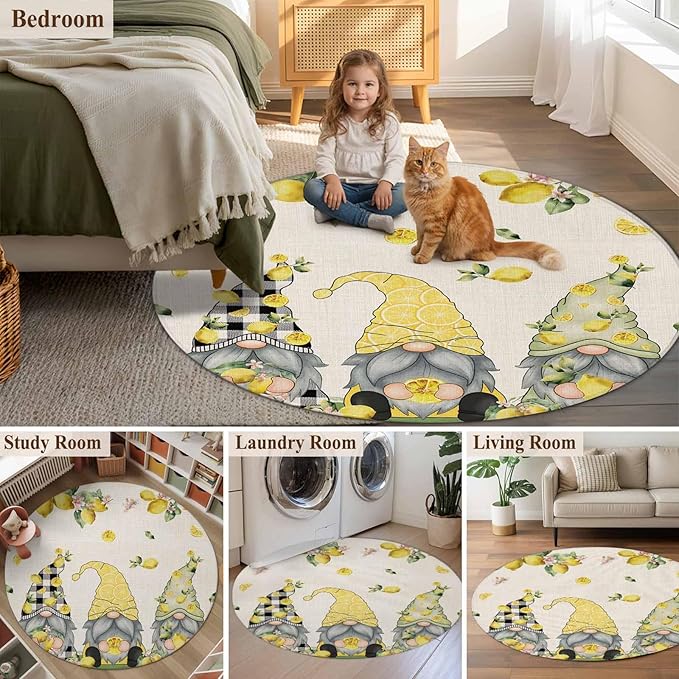 Washable Round Area Rug Summer Gnome with Lemon Circle Rugs Floor Carpet for Living Room Bedroom, Farmhouse Dwarf Fruit on Linen Soft Non Slip Round Rug 5ft