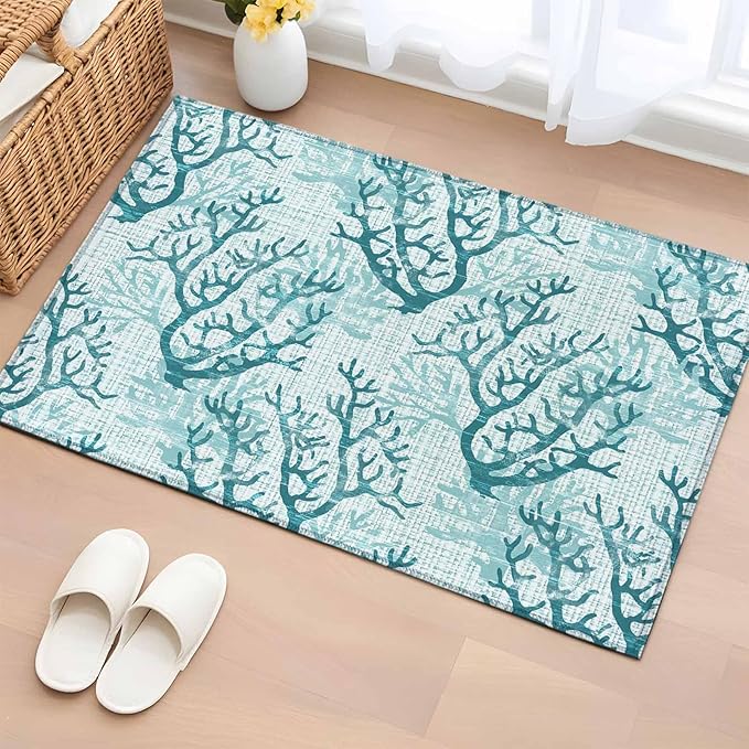 Area Rug 2x3ft, Coastal Sea Coral Retro Linen Washable Rugs for Living Room Bedroom, Underwater Ocean Life Soft Non-Slip Area Rugs Rectangle Floor Carpet for Dining Room