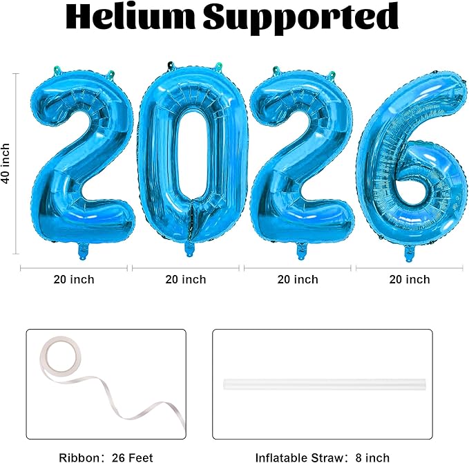 40 Inch 2026 Balloons Blue Foil Number Balloons for 2026 New Year Festival Celebration or Birthday Party Supplies Decorations,New Years Balloon 2026, New Years Eve Balloon