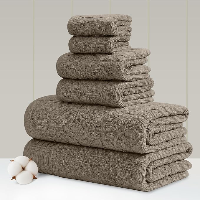 Modern Threads 6 Piece Cotton Bath Towel Set – Ultra Soft 550 GSM Towels – Bathroom Set with Hand Towels and Washcloths – Geometric (Classic Taupe)