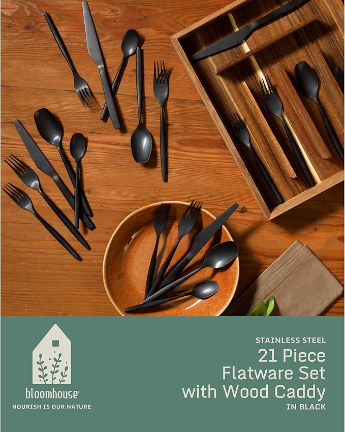 Bloomhouse - Two Time Oprah's Favorite Things Winner - 20 Piece Stone Washed Black Flatware 18/10 Stainless Steel Silverware Cutlery Utensil Set With Acacia Wood Caddy - Service for 4
