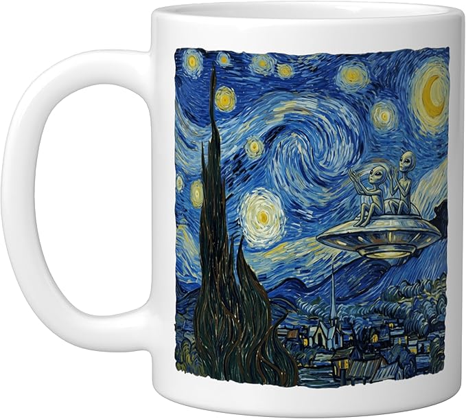Aliens Saucer UFO Extraterrestrial Fun Starry Night Van Gogh Ceramic Mug, White