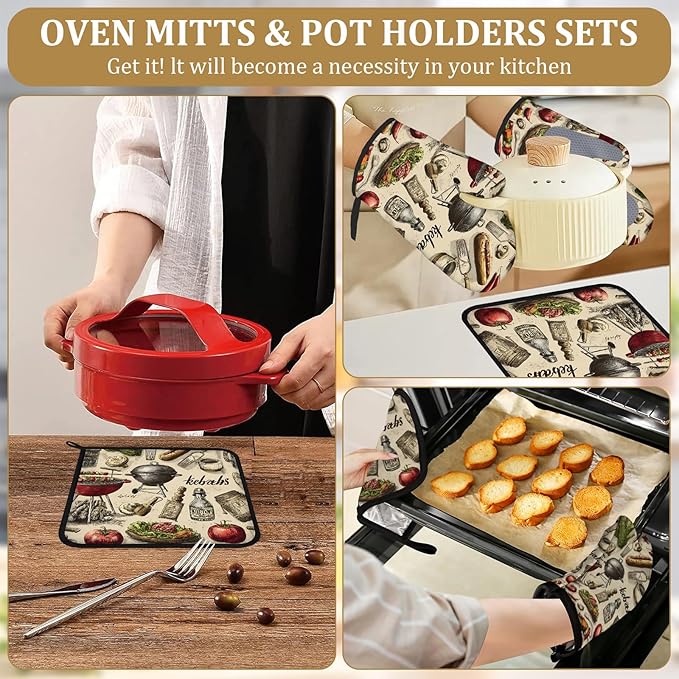 Funny Barbecue Food Grill Oven Mitts and Pot Holders Sets 4Pcs Kabobs Silicone Kitchen Gloves Heat Resistant Potholders for Baking Cooking Grilling BBQ