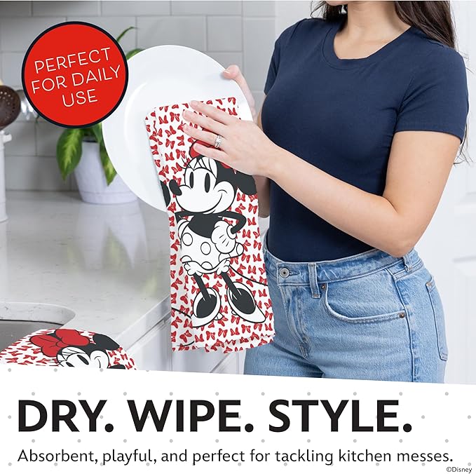 Disney Kitchen Towels & Oven Mitts Set – 4 Piece Bundle with 2 Cotton Dish Towels/Hand Towels & 2 Heat Resistant Mini Oven Mitts (Pot Holders) – Mickey, Stitch & Pooh (Minnie Mouse)