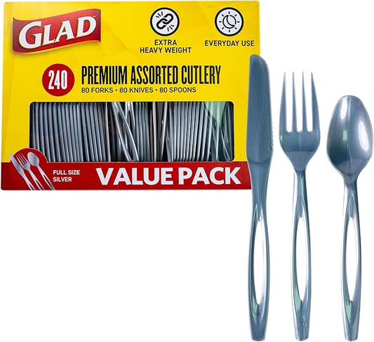 Glad Silver Disposable Cutlery Set with Heavy Duty Plastic Forks, Knives, and Spoons, Reusable Dishwasher Safe Plastic Utensils for Parties and Everyday Use, 240 Count