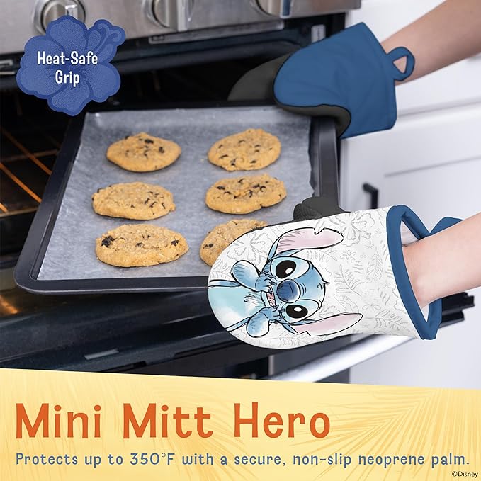 Disney Kitchen Towels & Oven Mitts Set – 4 Piece Bundle with 2 Cotton Dish Towels/Hand Towels & 2 Heat Resistant Mini Oven Mitts (Pot Holders) – Mickey, Stitch & Pooh (Stitch)