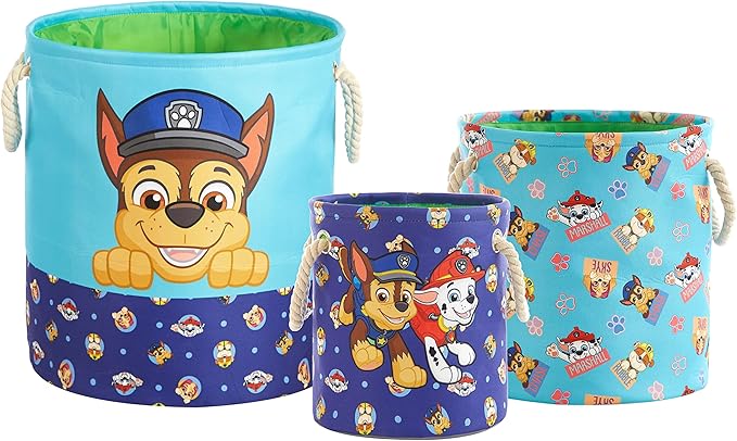 Paw Patrol 3 Piece Multi Size Fabric Nestable Toy Storage Basket Set, with Rope Carry Handles