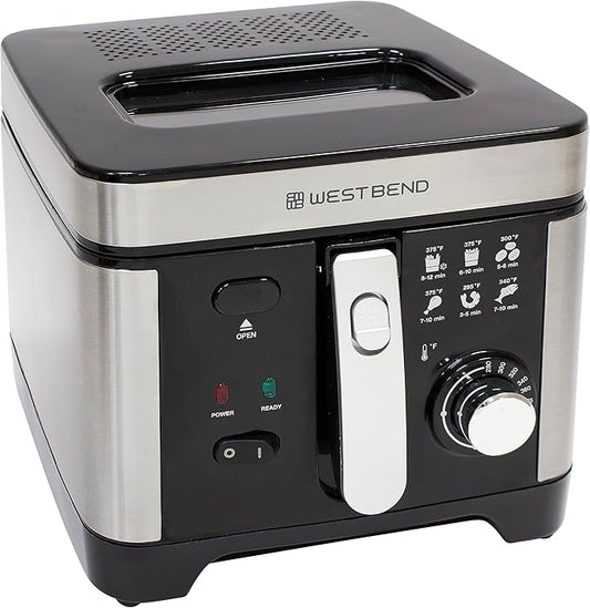 West Bend Deep Fryer with Adjustable Temperature Control Nonstick Basket Easy-View Window and Temperature Guide, Folding Handle and Locking Cover for Easy Storage, 3-Liter, Silver