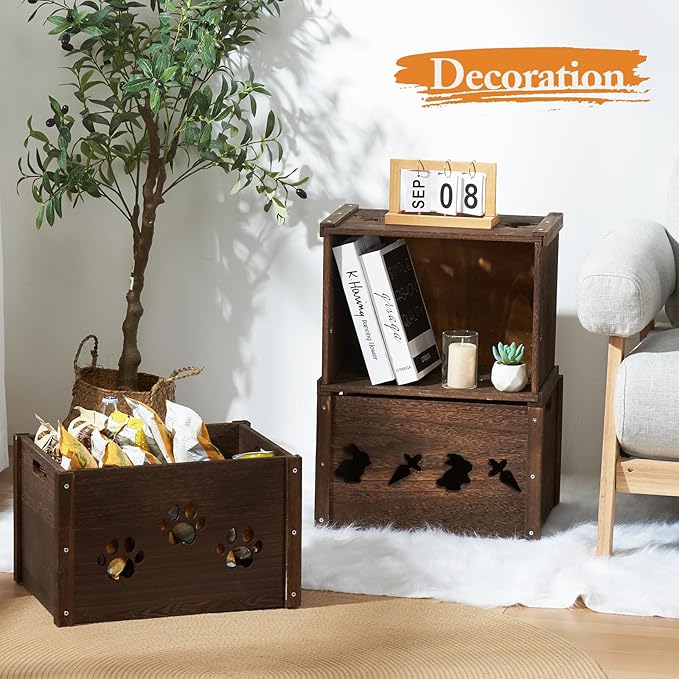 Edergoo Wooden Crates 2 Pack, Hollow Rabbit Wooden Crates for Display & Storage, Farmhouse Handmade Wood Crate with Handles, Rustic Large Decorative Wood Crate Box for Display