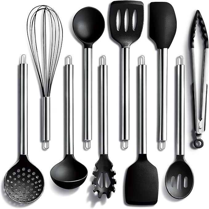 COOK WITH COLOR Silicone Cooking Utensils, Kitchen Utensil Set, Easy to Clean Silicone Kitchen Utensils, Cooking Utensils for Nonstick Cookware, Kitchen Gadgets Set, 10 Pieces, Black