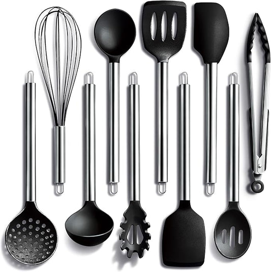COOK WITH COLOR Silicone Cooking Utensils, Kitchen Utensil Set, Easy to Clean Silicone Kitchen Utensils, Cooking Utensils for Nonstick Cookware, Kitchen Gadgets Set, 10 Pieces, Black