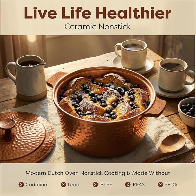 Gotham Steel Hammered 5 Qt Lightweight Dutch Oven Pot with Lid & Holders, Ceramic Non Toxic, Oven Safe & Even Heat Retaining Dutch Oven for Bread Baking Sourdough, Soup, 70% Lighter than Cast Iron