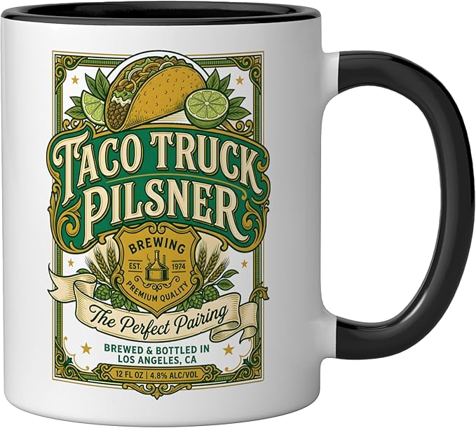Taco Truck Pilsner Retro cerveza Funny Beer Label Ceramic Mug, Black/White