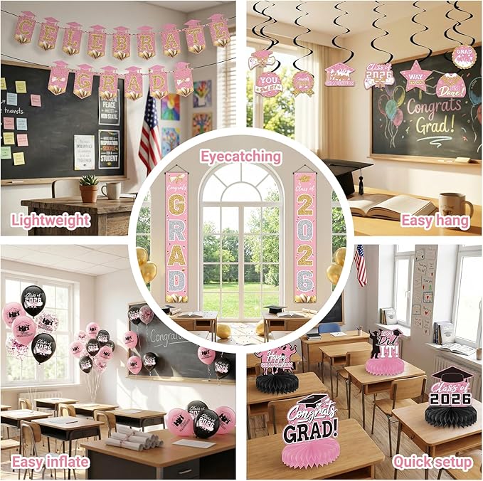 Pink 2026 Graduation Party Decor Kit-Includes Backdrop, Banner, Balloons, Hanging Ornaments & Honeycomb Decorations for Class of 2026 -Full Set for High School and University Graduation Events