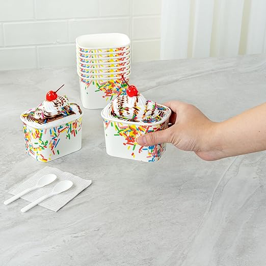 Restaurantware Paper Cups 200 Count 12 Ounce Square Disposable Ice Cream Containers, Leak-Resistant Paper Dessert To Go Cups, Hot And Cold Food, Durable Classic Sprinkles Design