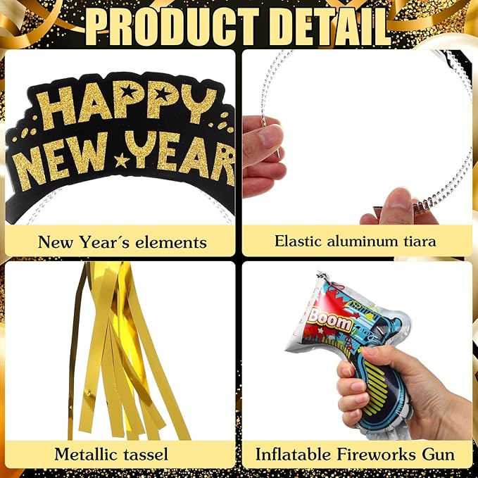 Realspring 106pcs Happy New Year Party Supplies Plastic New Year's Eve Glasses Headbands Blowouts Inflatable Fireworks Gun Balloons Foil Backdrop Hanging Swirls for 2026 Party Decor Photo Prop