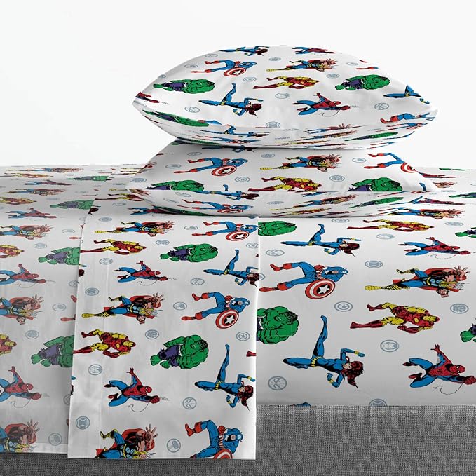 Jay Franco Kids Sheet Set with Fitted, Flat Sheets & Pillow Cover - Ultra-Soft Bedding with Pillowcase for Room Decor, White - Avengers, 4 Piece Full