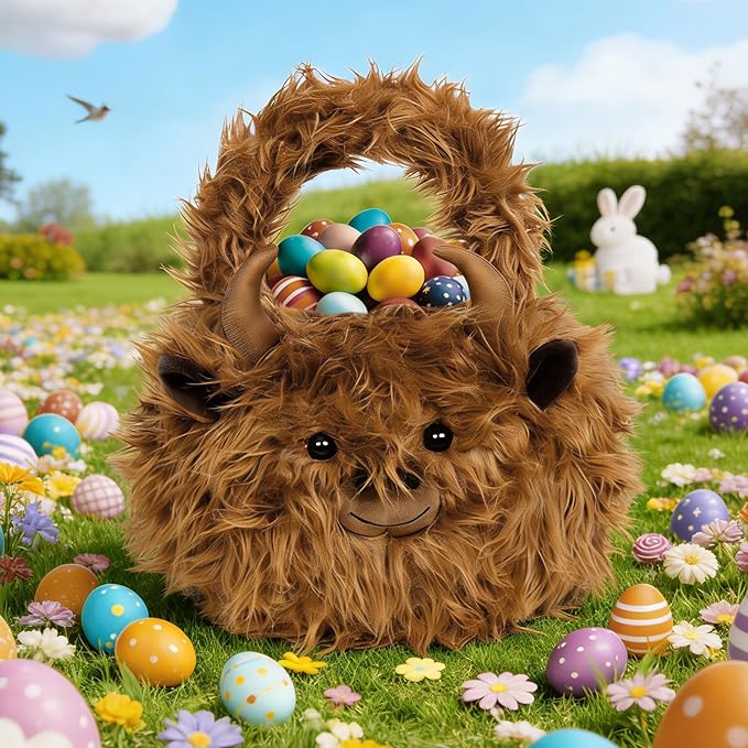 Easter Basket, Highland Cow Easter Baskets for Kids, Baskets with Handle for Gifts Empty, Bunny Egg Hunting, Basket Stuffers Essentials