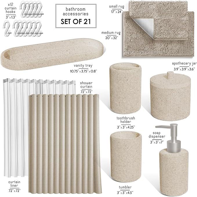 Clara Clark Beige Bathroom Set - Bathroom Sets with Shower Curtain and Rugs, 21PC Bathroom Accessory Set, Shower Curtain Set with Soap Dispenser & Toothbrush Holder