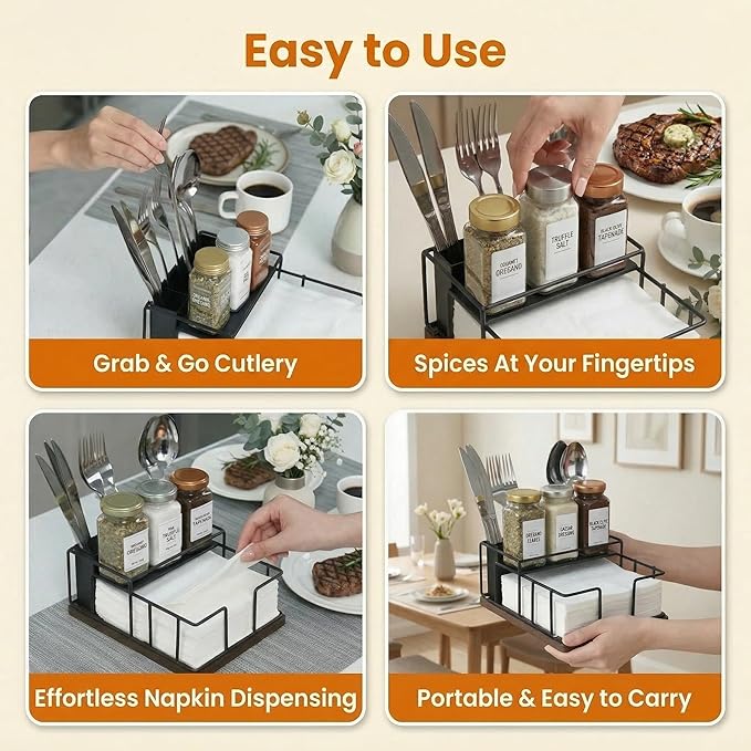 Napkin Holder for Table, 3-in-1 Wood & Metal Utensil Caddy, Cutlery Organizer & Spice Rack for Kitchen Counter, Dining, Outdoor Patio (Black)