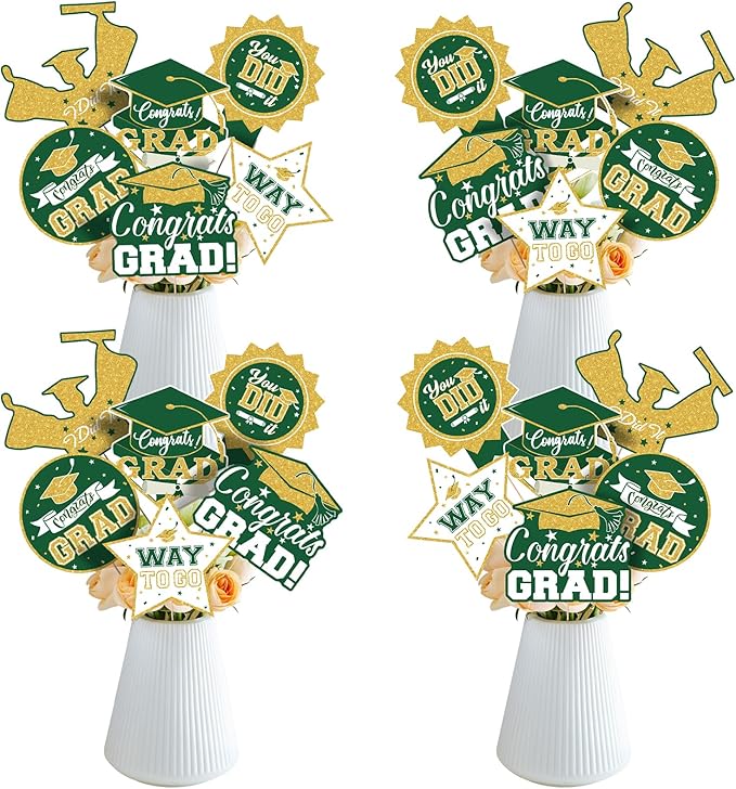 2026 Graduation Party Decorations - 24 Pcs Class of 2026 Congrats Grad Table Centerpieces Graduation Table Decorations Sticks Table Toppers for Graduation Party (Green Gold)