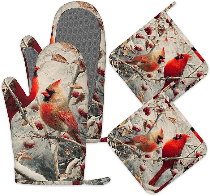 Red Cardinal Birds Winter Oven Mitts and Pot Holders Sets of 4,Heat Resistant Silicone Oven Mitts Gloves Non-Slip Kitchen Mittens Potholders for Cooking Baking Grilling BBQ