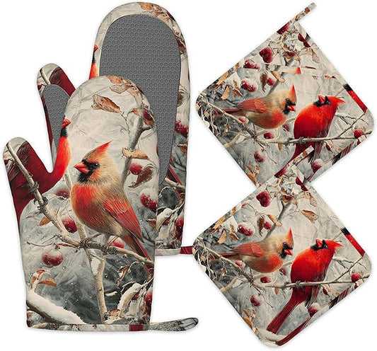 Red Cardinal Birds Winter Oven Mitts and Pot Holders Sets of 4,Heat Resistant Silicone Oven Mitts Gloves Non-Slip Kitchen Mittens Potholders for Cooking Baking Grilling BBQ