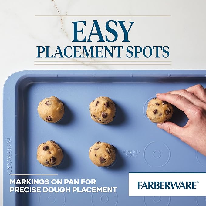 Farberware Easy Solutions Nonstick Bakeware Cookie Pan/Baking Sheet with Drop Zones and Portion Marks, 10 Inch x 15 Inch - Blue