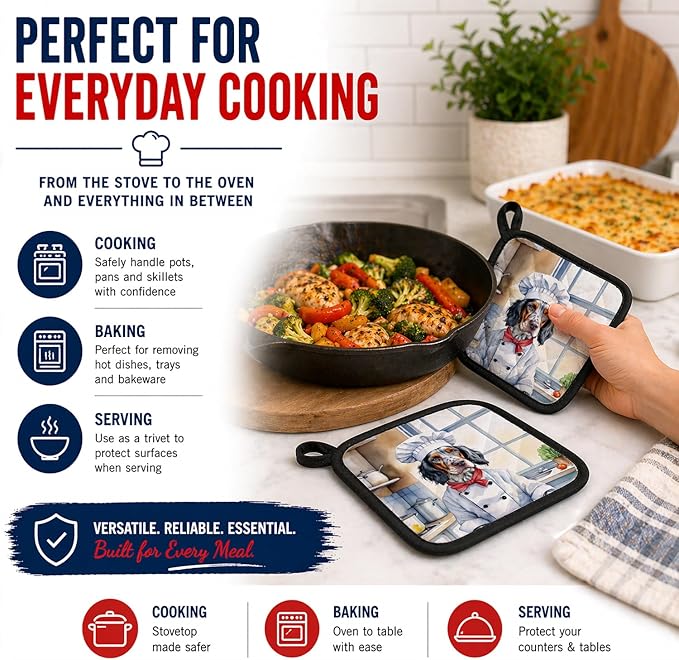 Caroline's Treasures English Setter The Chef Pair of Pot Holders Kitchen Heat Resistant Pot Holders Sets Oven Hot Pads for Cooking Baking BBQ, 7 1/2 x 7 1/2