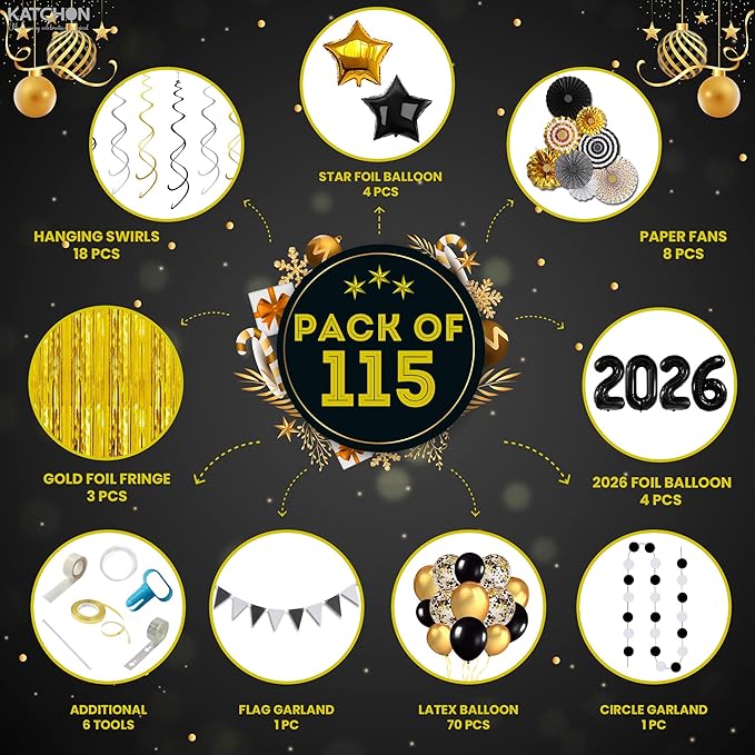 KatchOn, Happy New Years Decorations 2026 Black and Gold Set - Big Pack of 115 | Happy New Year Balloon Arch Kit | Black 2026 Balloons, Fringe Backdrop | New Years Eve Party Supplies 2026