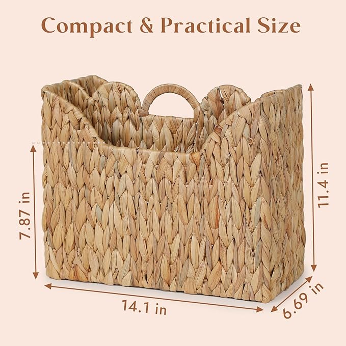 YANGQIHOME Wicker Magazine Holder, Handwoven Water Hyacinth Magazine Basket, Scalloped Book Basket with Handle, Divided Magazine Rack for Office, Bathroom, Living Room