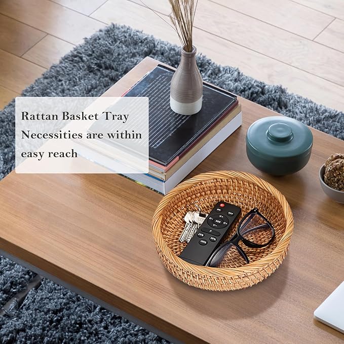 Small Keys Basket for Entryway Table 7.9" Rattan Key Bowl Round Wicker Basket Tray Handwoven Baskets Key Holder for Wallet Remote Candy