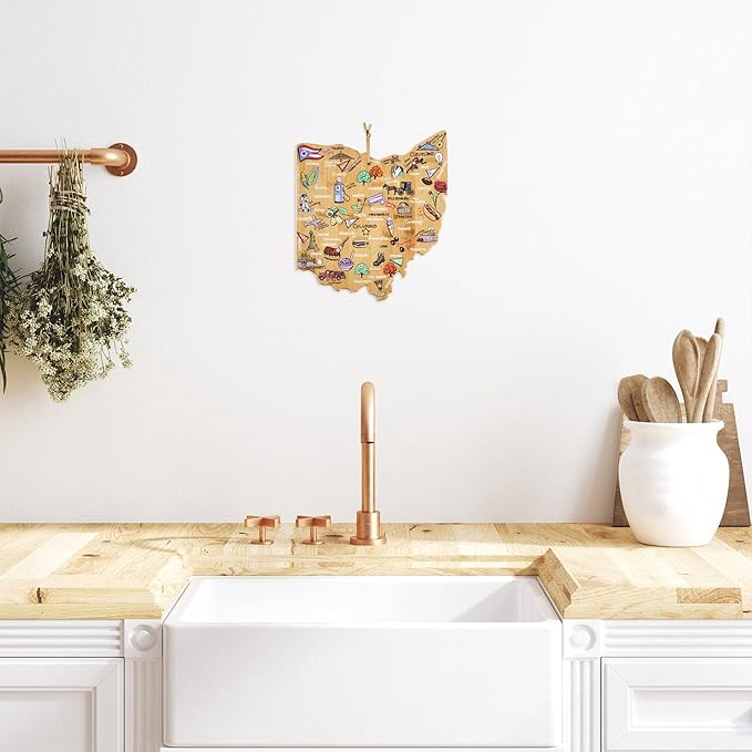 Totally Bamboo Ohio State Shaped Cutting Board and Charcuterie Serving Platter with Artwork by Fish Kiss, Includes Hang Tie for Wall Display