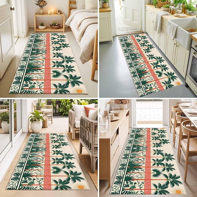 Runner Rug for Bedroom Hallway, Vintage Sage Green Tall Palm Trees Kitchen Runner Rugs Area Rug 2x6ft, Summer Tropical Plants Washable Soft Floor Carpet for Entryway Stair