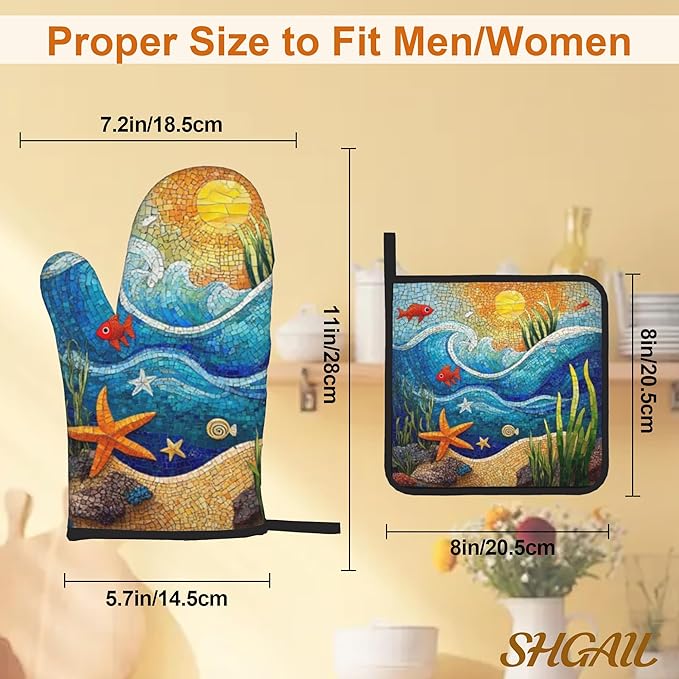 Abstract Ocean Oven Mitts & Potholder Set of 4 - Flower Heat Resistant Kitchen Gloves Hot Pads for Baking, Cooking, Gifts for Women