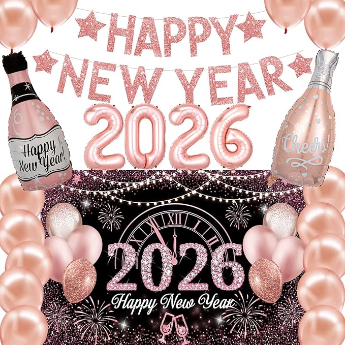 New Years Eve Party Supplies 2026 Rose Gold Happy New Year Decorations Happy New Year Banner 2026 Foil Balloons Backdrop for Rose Gold New Year's Eve Party Supplies