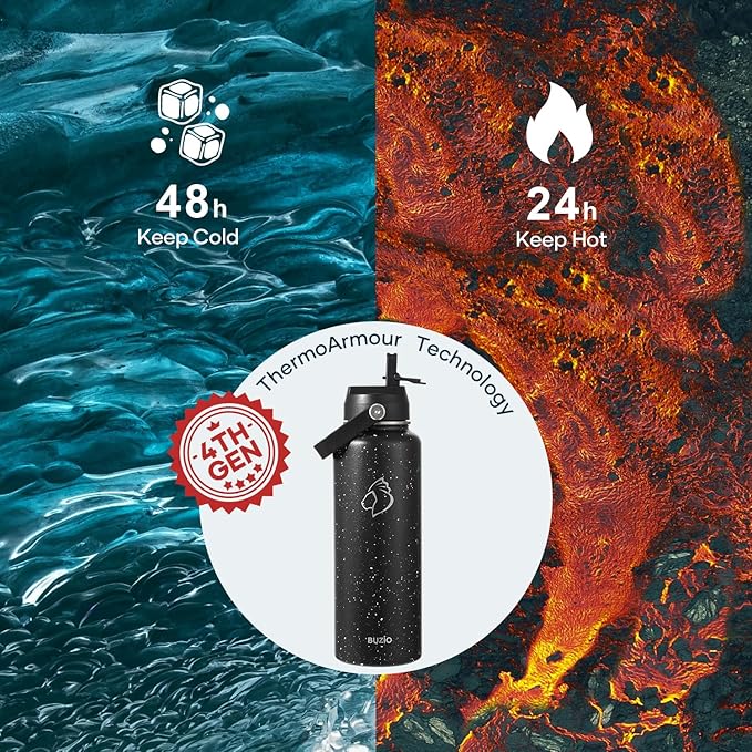 BUZIO 40 oz Insulated Water Bottle, Triple Wall Vacuum Stainless Steel Water Flask with 2 lids, Lead-Free BPA-Free Straw Lid Sports Canteen Jug, Cold 48H & Hot 24H, Starry Day & Night