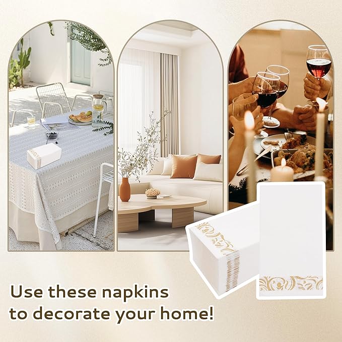 Paper Napkins Disposable Decorative Paper Hand Towels for Bathroom Dinner Napkins Soft Absorbent Bathroom Napkins Guest for Wedding Kitchen Party Birthday Thanksgiving Events, Gold and White, 50 Pack
