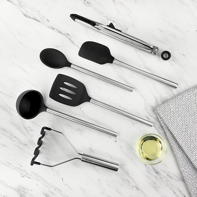 Tovolo Silicone Cooking Utensil Set of 6 Stainless Steel Handle Ladle Slotted Turner Tongs Flex Core Spatula Scraper Mixing Spoon & Potato Masher, Dishwasher Safe BPA Free Utensils, Black