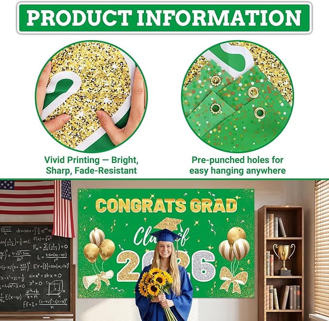 Green 2026 Graduation Party Decor Kit-Includes Backdrop, Banner, Balloons, Hanging Ornaments & Honeycomb Decorations for Class of 2026 -Full Set for High School and University Graduation Events