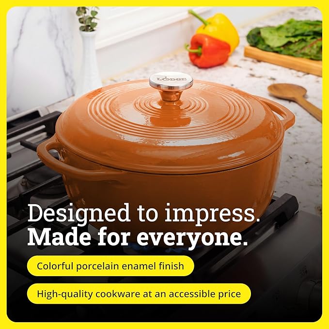 Lodge Essential Enamel Cast Iron Dutch Oven - Perfect for Bread Baking, Braising, Marinating & Slow Cooking - Features Moisture-Sealing Lid & Dual Handles - Kitchen Essentials - 6 Quarts - Apricot