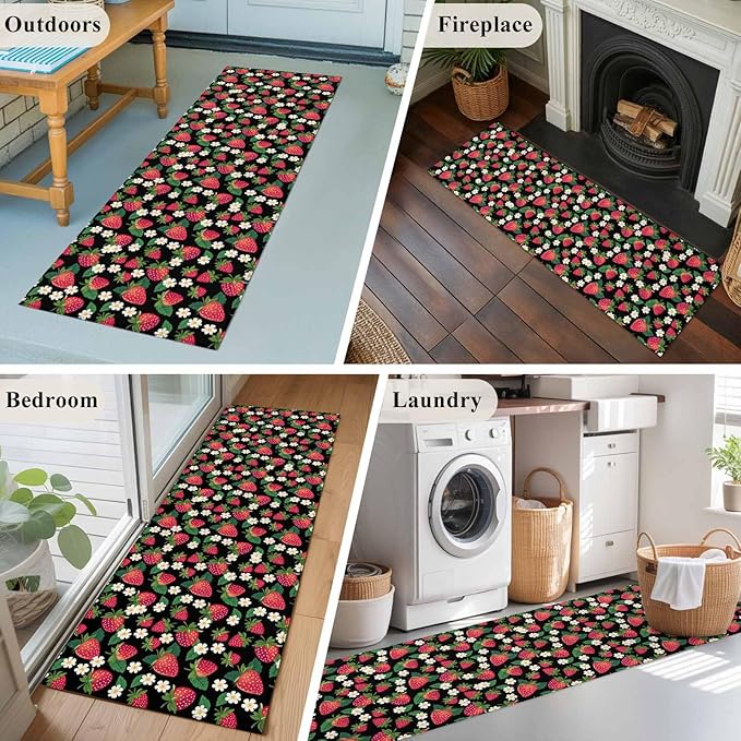 Runner Rug for Bedroom Hallway, Red Strawberry Litter Flower Leaves on Black Kitchen Runner Rugs Area Rug 2x6ft, Summer Fruit Washable Soft Floor Carpet for Entryway Stair
