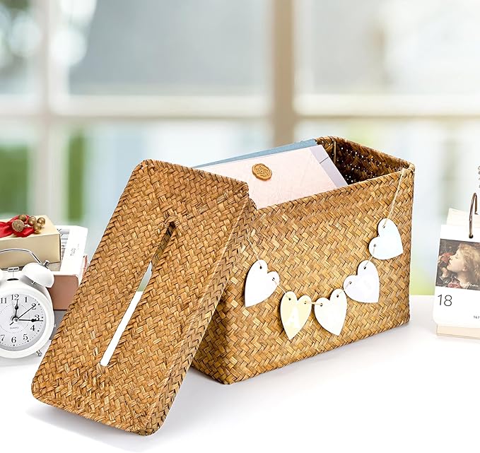 Hipiwe Handwoven Decorative Wedding Card Basket Card Receiving Box with Slot for Bridal Shower Retirement Anniversaries Decorative Card Holder, Caramel Color
