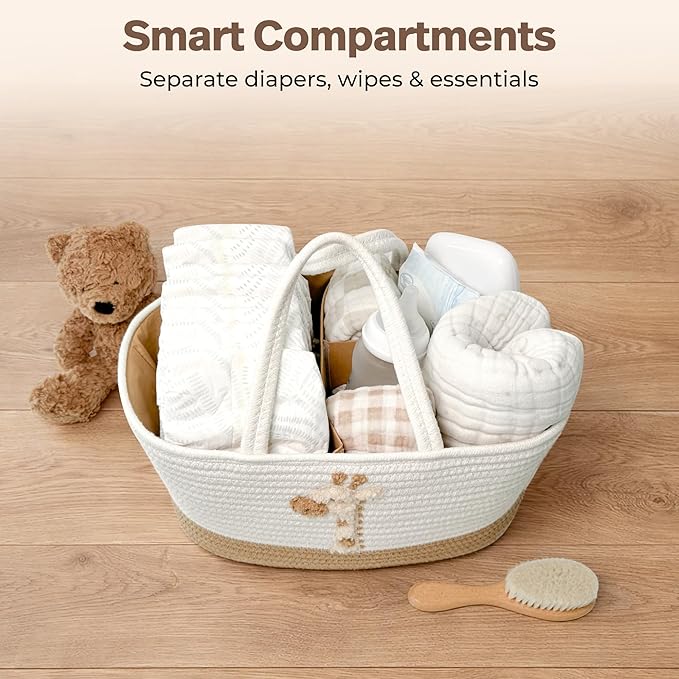 Giraffe Diaper Caddy Organizer for Baby Cotton Rope Nursery Storage Basket 17"x10.5"x7" with Removable Dividers Portable Changing Table Organizer, Car Caddy, Baby Shower Basket
