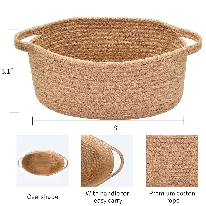 ABenkle Small Basket with Handles, Boho Decorative Rope Woven Dog Cat Toy Storage Bin Shelf Storage Organizer, Easter Christmas Gift Basket, 12"x8"x5"