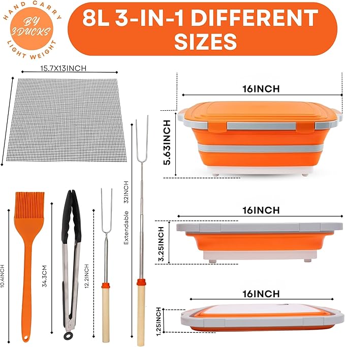 Collapsible BBQ Prep Tub 8L Orange | Portable Meat Marinating Container with Locking Cutting Board Lid, BBQ Tongs, Grill Mesh, Silicone Brush & 3 Roasting Sticks for Camping & Outdoor Grilling