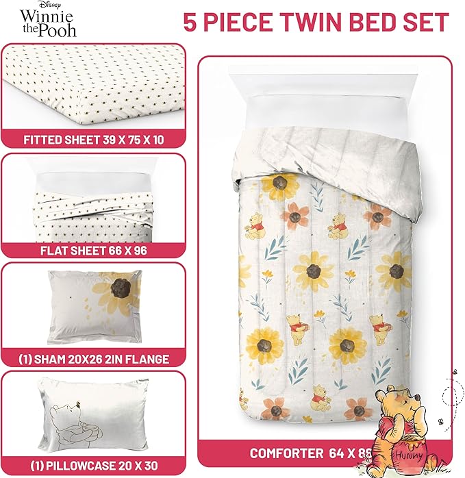 Jay Franco Disney Winnie The Pooh Twin Comforter Set - 5 Piece Bedding Includes Sheet Set & Pillow Covers - Super Soft Cozy Floral Bedding