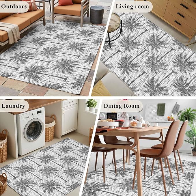 Area Rug 3x5ft, Summer Palm Tree Retro Linen Washable Rugs for Living Room Bedroom, Tropical Gray Botanical Soft Non-Slip Area Rugs Rectangle Floor Carpet for Dining Room