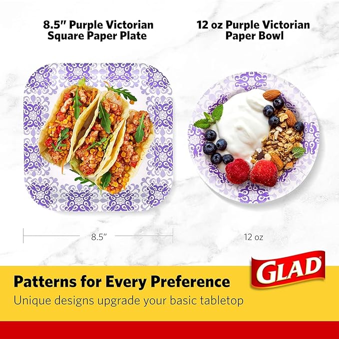Glad Round Disposable Paper Bowls, Purple Victorian Design - Heavy Duty, Soak-Proof, Cut-Resistant, Microwavable Paper Bowls for All Foods and Daily Use, 12 oz, 20 Count - 2 Pack